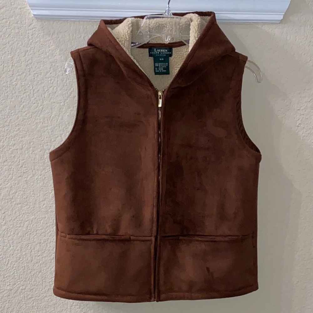 Lauren Ralph Lauren Brown Faux Suede Hooded Vest with Cream Sherpa Lining